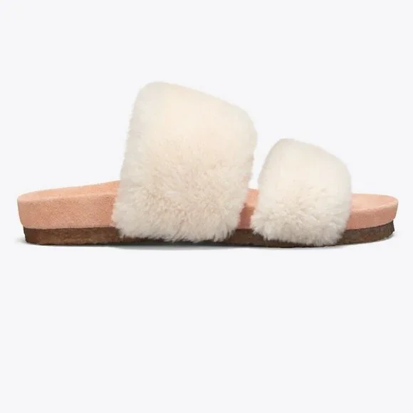Gently Used Tory Burch Fur slippers Beige sz 9 Sheldon Shearling Two Band Slide - Picture 3 of 14